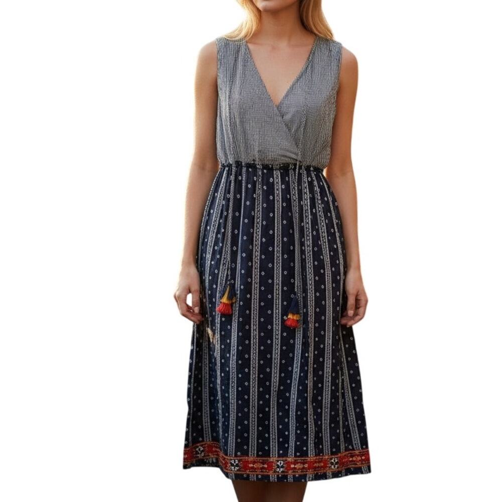 THML Boho Maxi Dress Womens Medium Mixed Print Embroidered Triple Tassel Midi